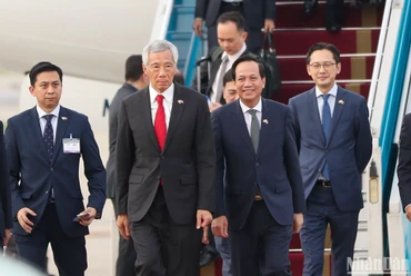 Bộ trưởng Lao động, Thương binh và Xã hội Đào Ngọc Dung đón Thủ tướng Singapore Lý Hiển Long tại sân bay quốc tế Nội Bài.
