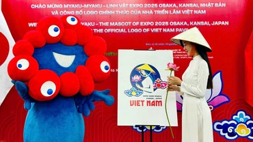 Linh vật EXPO 2025 và logo của Nhà Triển lãm Việt Nam. (Ảnh: Cục Hợp tác quốc tế cung cấp)