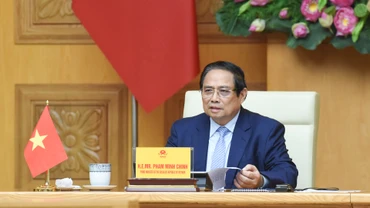 Thủ tướng Phạm Minh Chính phát biểu tại Hội nghị cấp cao trực tuyến về khí hậu tại điểm cầu Hà Nội.