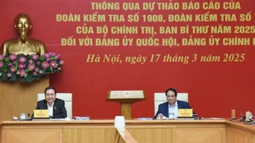 Bí thư Đảng ủy Chính phủ, Thủ tướng Chính phủ Phạm Minh Chính, Trưởng đoàn Kiểm tra 1908 và Bí thư Đảng ủy Quốc hội, Chủ tịch Quốc hội Trần Thanh Mẫn, Trưởng đoàn Kiểm tra 1910 chủ trì Hội nghị.