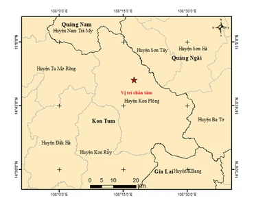 Bản đồ tâm chấn trận động đất thứ 4 trong sáng 31/3 tại huyện Kon Plông