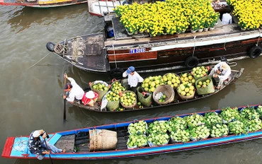 Hoạt động mua bán trái cây ở miệt vườn sông nước Nam Bộ luôn hấp dẫn du khách. (Ảnh NGỌC MAI)