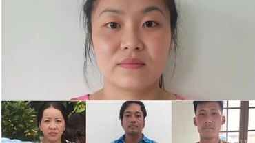 Các bị can Huỳnh Thị Ngọc Thảo (ảnh lớn) và Quách Thị Hoa, Lê Quang Tý, Hoàng Văn Cường (từ trái sang phải). (Ảnh: TRỌNG NGUYỄN)