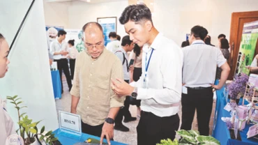 Trưởng dự án “Sản xuất gạch từ rác thải nhựa” giới thiệu sản phẩm với Ban giám khảo cuộc thi.