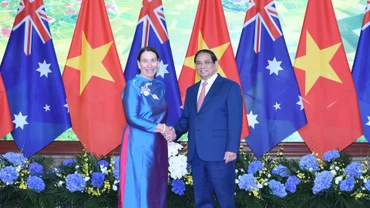 Quang cảnh buổi hội kiến tại Văn phòng Chính phủ.
