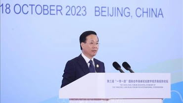 Chủ tịch nước Võ Văn Thưởng phát biểu tại phiên họp cấp cao với chủ đề “Kinh tế số - Động lực mới của tăng trưởng”. (Ảnh: Thống Nhất/TTXVN)