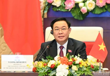 Chủ tịch Quốc hội Vương Đình Huệ điện đàm với Chủ tịch Thượng viện Campuchia Samdech Techo Hun Sen. (Ảnh: DUY LINH)