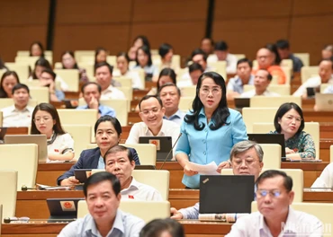 Đại biểu Trần Kim Yến (đoàn Thành phố Hồ Chí Minh) chất vấn về vấn đề sử dụng cát biển để san lấp các công trình giao thông. (Ảnh: THỦY NGUYÊN)