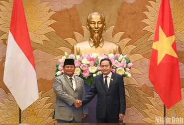 Chủ tịch Quốc hội Trần Thanh Mẫn và Tổng thống đắc cử Indonesia Prabowo Subianto. (Ảnh: DUY LINH) 
