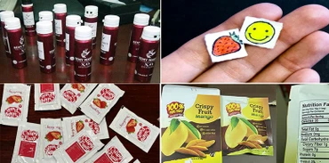 "Nước vui", "bùa lưỡi", "bột dâu", "bột xoài" với hình thức bắt mắt dễ dàng qua mặt lực lượng chức năng. (Ảnh: Cơ quan chức năng cung cấp)