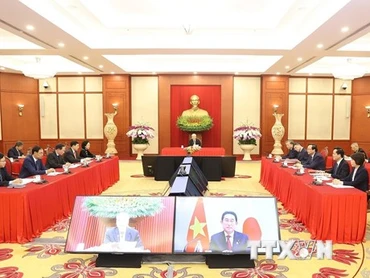 Tổng Bí thư Nguyễn Phú Trọng điện đàm với Chủ tịch Đảng Dân chủ Tự do Nhật Bản (LDP), Thủ tướng Nhật Bản Kishida Fumio. (Ảnh: TTXVN) 