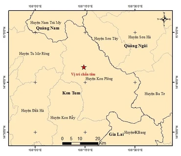 Bản đồ tâm chấn trận động đất có độ lớn 5,0 tại huyện Kon Plong, tỉnh Kon Tum.