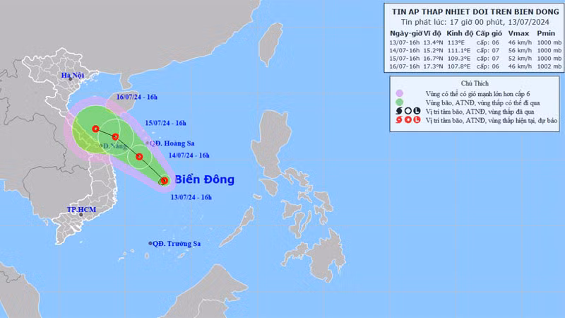 Vị trí và hướng di chuyển của áp thấp nhiệt đới. (Nguồn: nchmf.gov.vn)