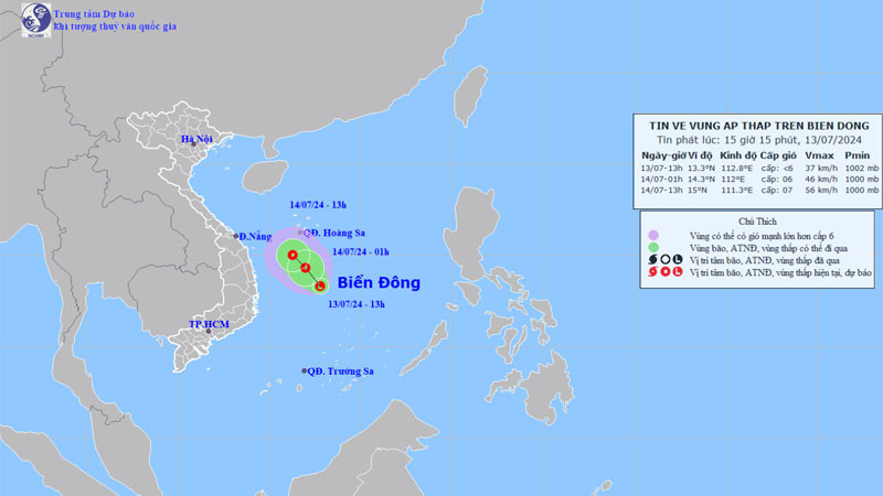 Vị trí và hướng di chuyển của vùng áp thấp. (Ảnh: nchmf.gov.vn)