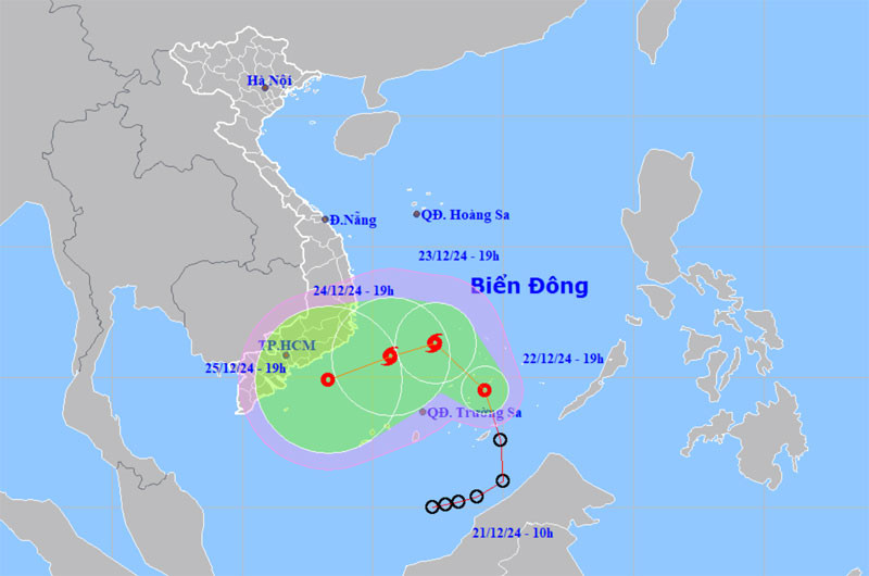 Vị trí và hướng di chuyển của áp thấp nhiệt đới. (Nguồn: nchmf.gov.vn)