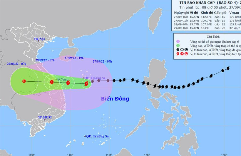 Vị trí và hướng di chuyển của bão số 4. (Nguồn: nchmf.gov.vn)