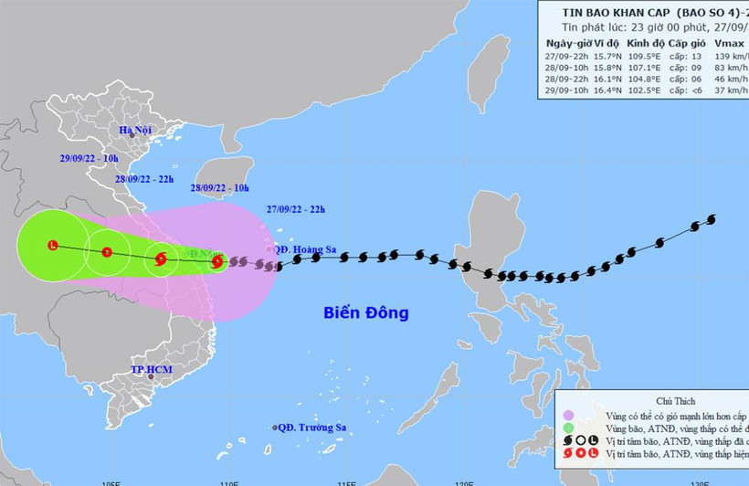 Vị trí và hướng di chuyển của bão số 4. (Nguồn: nchmf.gov.vn)
