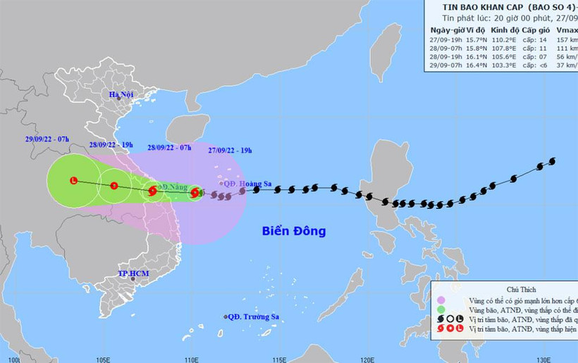 Vị trí và hướng di chuyển của bão số 4. (Nguồn: nchmf.gov.vn)