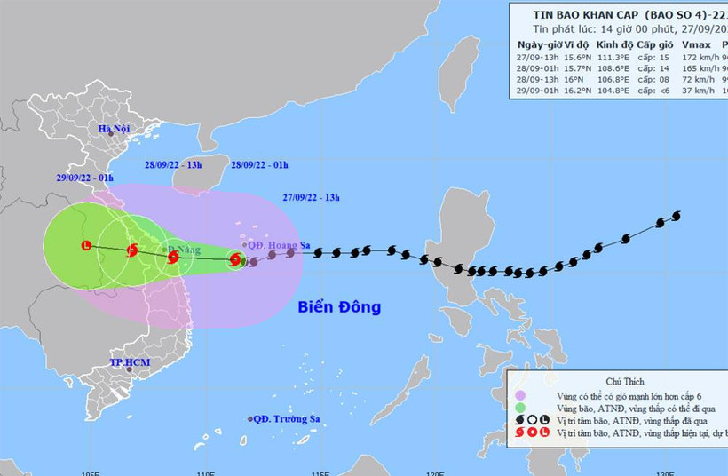 Vị trí và hướng di chuyển của bão số 4. (Nguồn: nchmg.gov.vn)