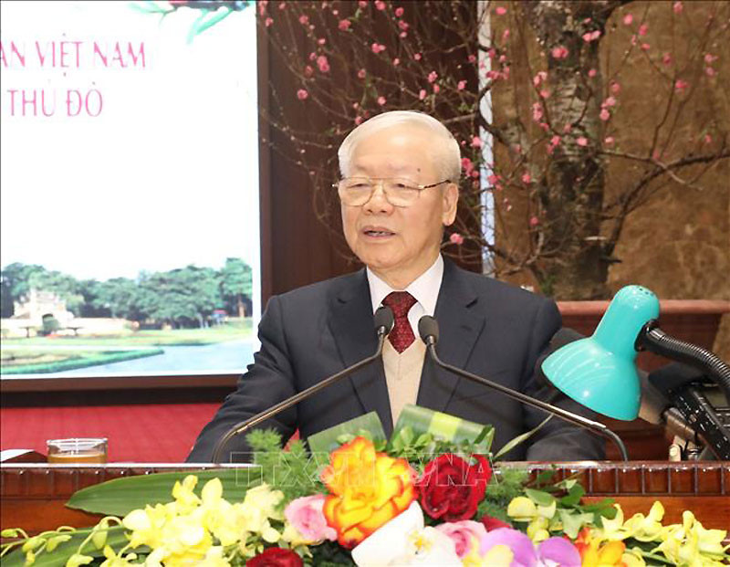 Tổng Bí thư Nguyễn Phú Trọng chúc Tết Đảng bộ, chính quyền và nhân dân Thủ đô Hà Nội. (Ảnh: Phương Hoa/TTXVN)