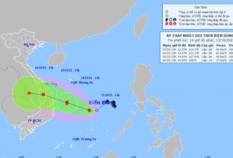 Vị trí và hướng di chuyển của áp thấp nhiệt đới. (Nguồn: nchmf.gov.vn)