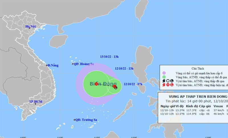 Vị trí và hướng di chuyển của vùng áp thấp. (Nguồn: nchmf.gov.vn)