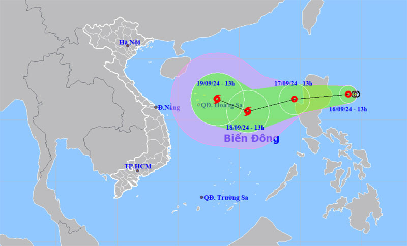 Vị trí và hướng di chuyển của áp thấp nhiệt đới lúc 13 giờ. (Nguồn: nchmf.gov.vn)