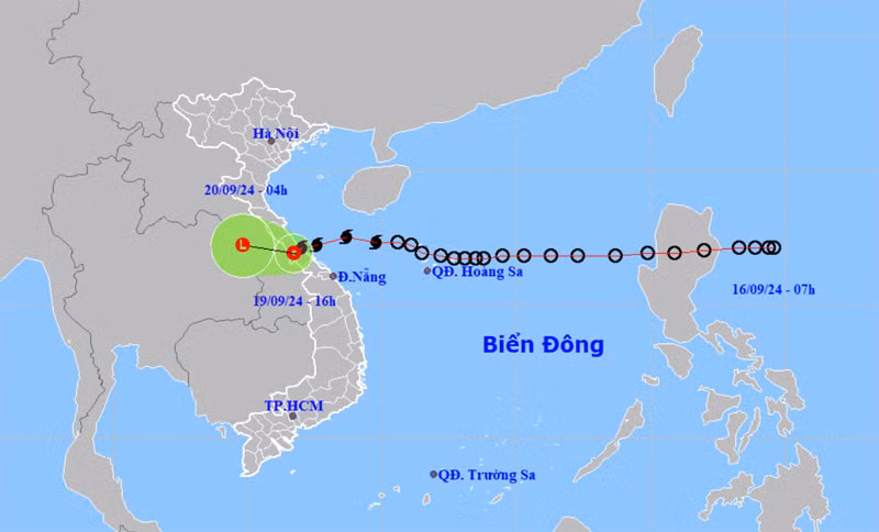 Vị trí và hướng di chuyển của áp thấp nhiệt đới (suy yếu từ bão số 4). (Nguồn: nchmf.gov.vn)