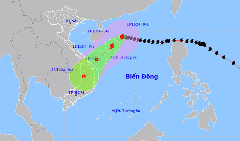 Vị trí và hướng di chuyển của bão số 7 lúc 4 giờ ngày 10/11. (Nguồn: nchmf.gov.vn)