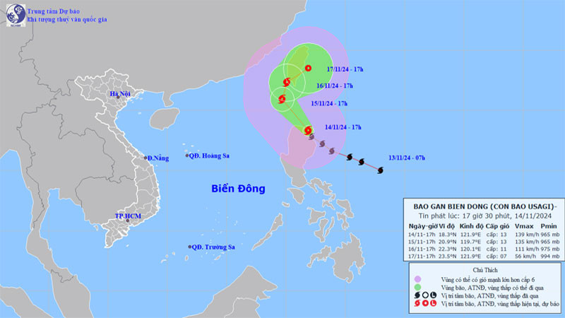 Vị trí và hướng di chuyển của bão Usagi. (Nguồn: nchmf.gov.vn)