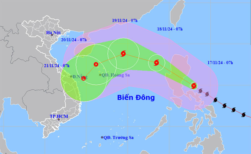 Vị trí và hướng di chuyển của siêu bão Man-yi lúc 7 giờ ngày 18/11. (Nguồn: nchmf.gov.vn)