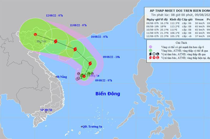Vị trí và hướng di chuyển của áp thấp nhiệt đới. (Nguồn: nchmf.gov.vn)