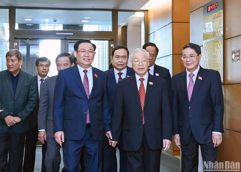 Tổng Bí thư Nguyễn Phú Trọng, Chủ tịch Quốc hội Vương Đình Huệ cùng các đồng chí Phó Chủ tịch Quốc hội tới dự Lễ bế mạc Kỳ họp thứ 6, Quốc hội khóa XV.