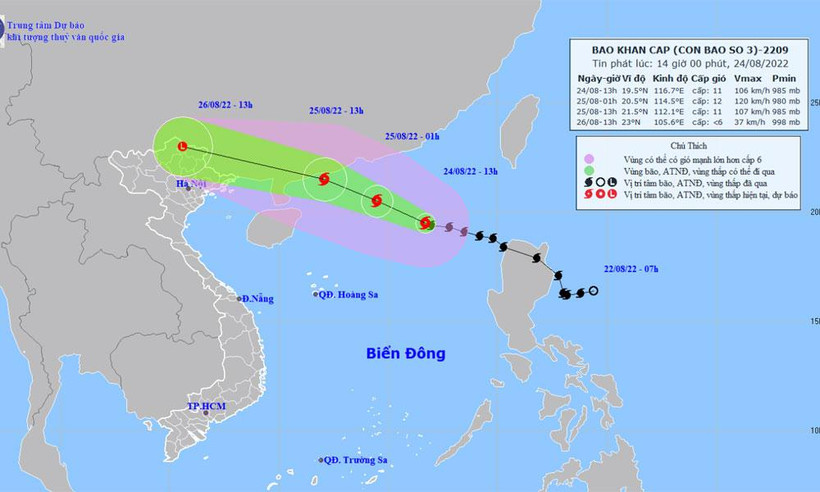 Vị trí và hướng di chuyển của bão số 3. (Nguồn: nchmf.gov.vn)