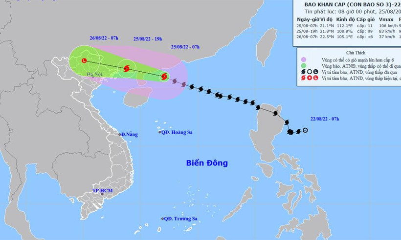 Vị trí và hướng di chuyển của bão số 3. (Nguồn: nchmf.gov.vn)