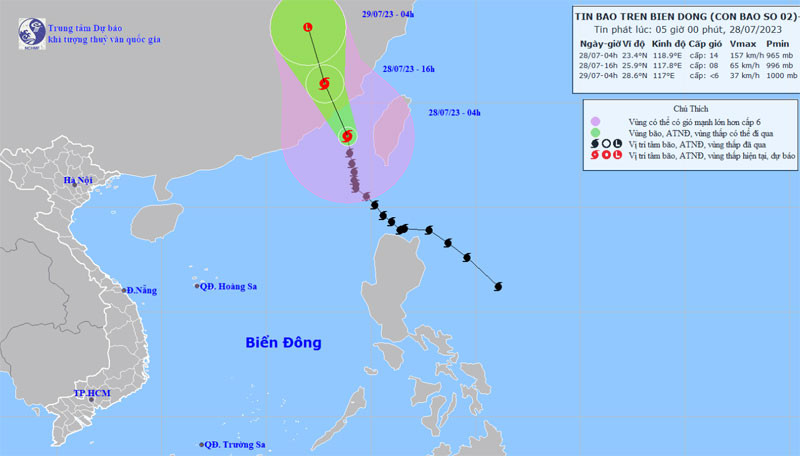 Vị trí và hướng di chuyển của bão số 2. (Nguồn: nchmf.gov.vn)