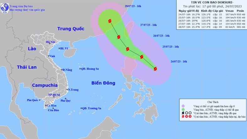Vị trí và hướng di chuyển của bão Doksuri. (Nguồn: nchmf.gov.vn)