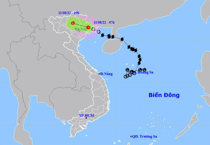 Vị trí và hướng di chuyển của áp thấp nhiệt đới suy yếu từ bão số 2. (Nguồn: nchmf.gov.vn)