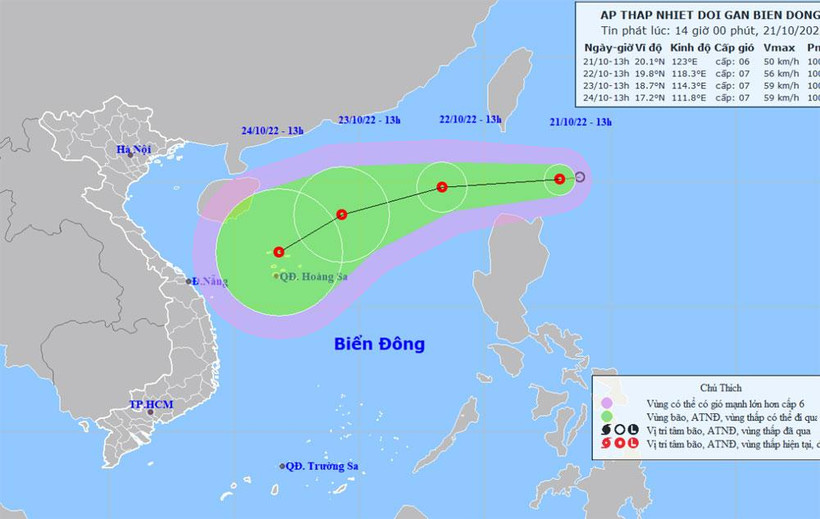 Vị trí và hướng di chuyển của áp thấp nhiệt đới. (Nguồn: nchmf.gov.vn)