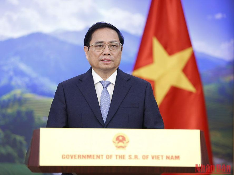 Thủ tướng Phạm Minh Chính phát biểu ghi hình tại Hội nghị cấp cao Sinh học thế giới năm 2022. (Ảnh: TRẦN HẢI)