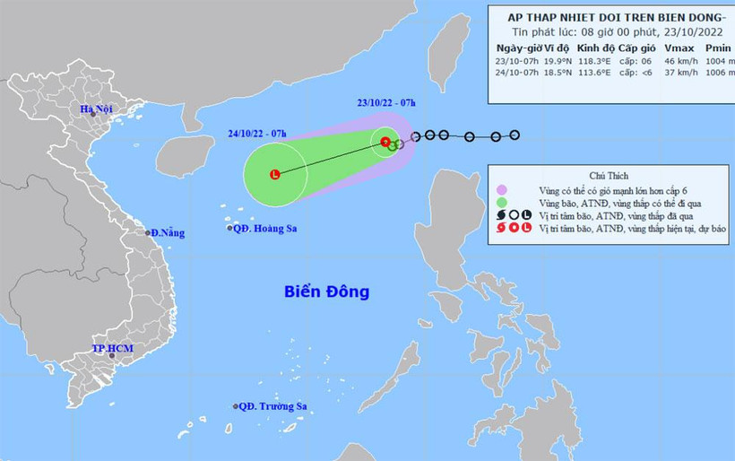 Vị trí và hướng di chuyển của áp thấp nhiệt đới. (Nguồn: nchmf.gov.vn)