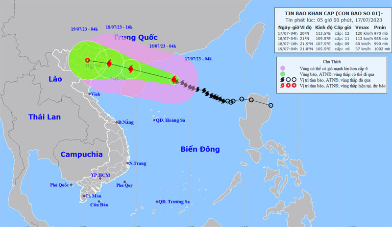 Vị trí và hướng di chuyển của bão số 1. (Nguồn: chmf.gov.vn)