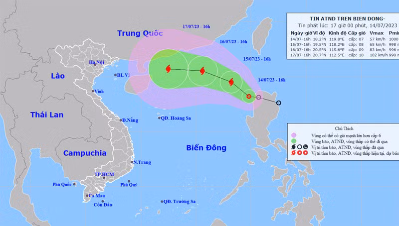 Vị trí và hướng di chuyển của áp thấp nhiệt đới. (Nguồn: nchmf.gov.vn)