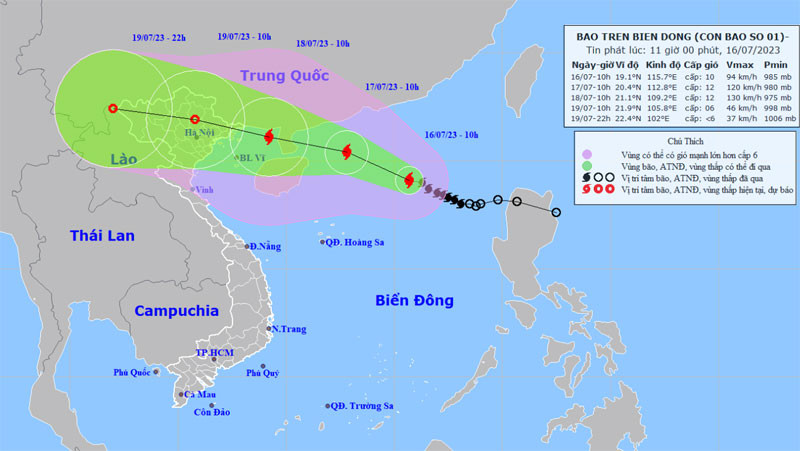 Vị trí và hướng di chuyển của bão số 1. (Nguồn: nchmf.gov.vn)
