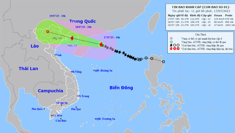 Vị trí và hướng di chuyển của bão số 1. (Nguồn: nchmf.gov.vn)