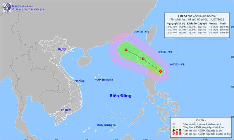 Vị trí và hướng di chuyển của áp thấp nhiệt đới gần Biển Đông. (Nguồn: nchmf.gov.vn)