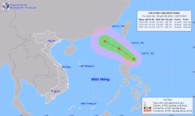 Vị trí và hướng di chuyển của áp thấp nhiệt đới gần Biển Đông. (Nguồn: nchmf.gov.vn)