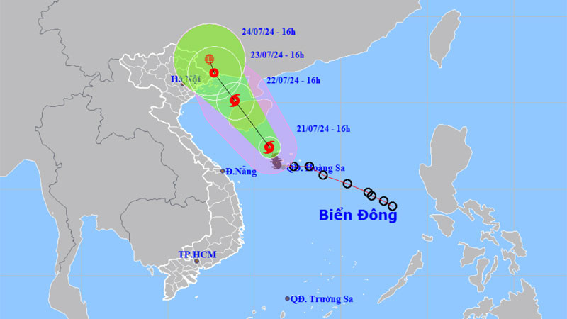 Vị trí và hướng di chuyển của bão số 2 lúc 16 giờ ngày 21/7. (Nguồn: nchmf.gov.vn)