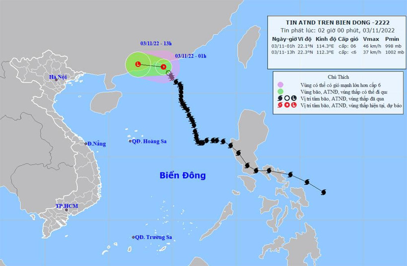 Vị trí và hướng di chuyển của áp thấp nhiệt đới. (Nguồn: nchmf.gov.vn)