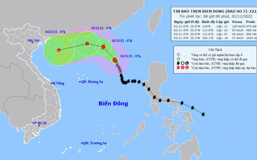 Vị trí và hướng di chuyển của bão số 7. (Nguồn: nchmf.gov.vn)